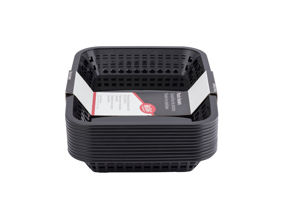 A stack of black rectangular Cash & Carry Grande Baskets with slotted sides, viewed from the front. Inside the top dishwasher safe basket is a white label with red and black text and graphics. The background is plain white.