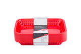 A stack of bright red rectangular Cash & Carry Grande Baskets with slotted sides, wrapped in a white label displaying “Plastic Baskets” and the brand name “TableCraft,” in English, French, and Spanish, against a white background.