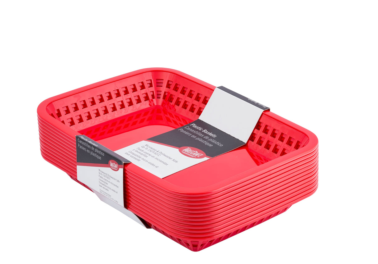 A stack of red rectangular Cash & Carry Grande Baskets, neatly nested together. These heat resistant baskets have vented sides, a solid bottom, and a white and black label showing the product name and brand. The background is plain white.