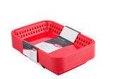 A stack of red rectangular Cash & Carry Grande Baskets, neatly nested together. These heat resistant baskets have vented sides, a solid bottom, and a white and black label showing the product name and brand. The background is plain white.