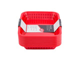 A stack of red rectangular Cash & Carry Grande Baskets with slotted sides, nested together. A white and black paper label is wrapped around the top basket, displaying product information. These dishwasher safe baskets are set against a plain white background.
