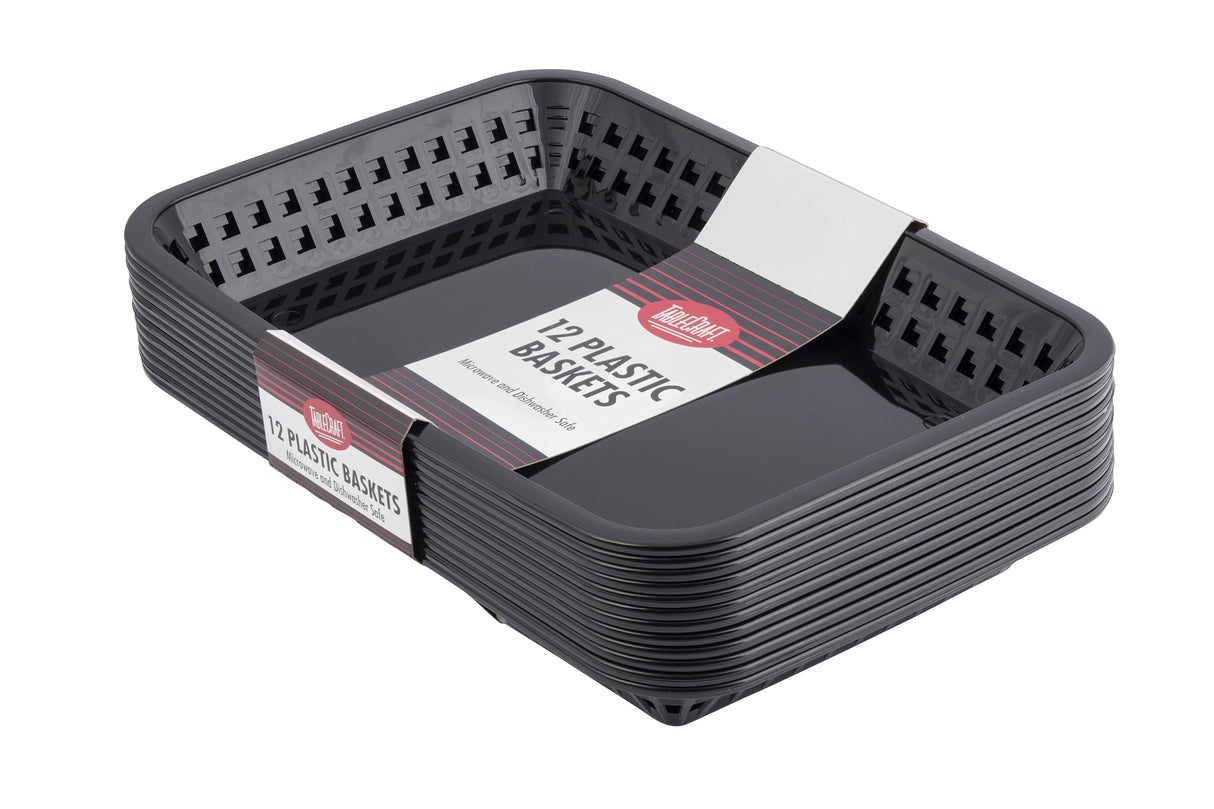 A stack of twelve rectangular black plastic, dishwasher safe baskets is shown, bound with white and red packaging labeled “12 Plastic Baskets.” The vented-side TableCraft baskets feature smooth bottoms and are ready for any Cash & Carry Más Grande Baskets use.