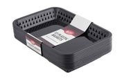 A stack of twelve rectangular black plastic, dishwasher safe baskets is shown, bound with white and red packaging labeled “12 Plastic Baskets.” The vented-side TableCraft baskets feature smooth bottoms and are ready for any Cash & Carry Más Grande Baskets use.