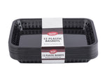 A stack of black rectangular dishwasher safe baskets with vented sides. A white label across the middle reads “TableCraft 12 Plastic Baskets—Microwave and Dishwasher Safe.” These nested baskets are shown against a white background.