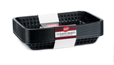 A stack of 12 rectangular black dishwasher safe baskets, held by a white and red paper band labeled “TableCraft 12 Plastic Baskets.” The baskets have slotted sides and are photographed on a white background.