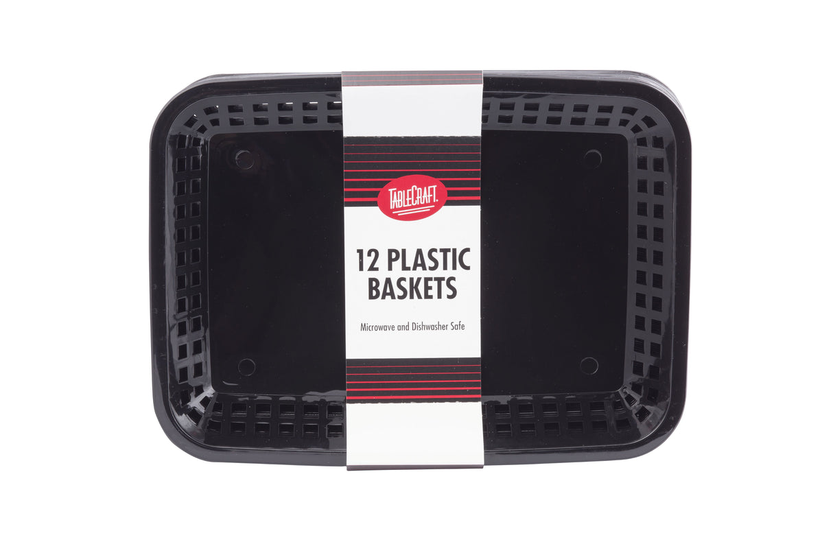 A rectangular black plastic Cash & Carry Más Grande Basket with a white label wrapped around the center. The label reads “12 PLASTIC BASKETS” and “Microwave and Dishwasher Safe,” highlighting these dishwasher safe baskets on a white background.