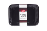 A rectangular black plastic Cash & Carry Más Grande Basket with a white label wrapped around the center. The label reads “12 PLASTIC BASKETS” and “Microwave and Dishwasher Safe,” highlighting these dishwasher safe baskets on a white background.