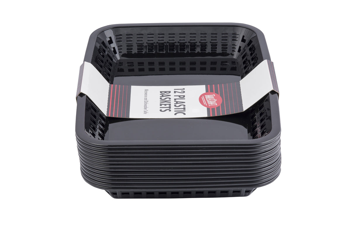 A stack of twelve black dishwasher safe baskets with slotted sides. A white and red label wraps around the stack, reading “12 Plastic Baskets.” The rectangular baskets are nested neatly together on a plain white background.