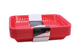A stack of eight red rectangular plastic, dishwasher safe baskets with grid-patterned sides, nested together. A white and gray label band wraps around the middle, displaying product information in English, French, and Spanish. The background is plain white.