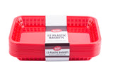 A stack of red rectangular cash and carry baskets with slotted sides, wrapped in a white and gray paper band labeled “TableCraft 12 Plastic Baskets, Microwave and Dishwasher Safe” against a white background.