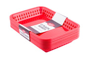 A stack of bright red, rectangular cash and carry baskets with vented sides is packaged together with a white and gray label that reads 12 Plastic Baskets. These modern baskets are nested for storage and are perfect for quick, convenient use.