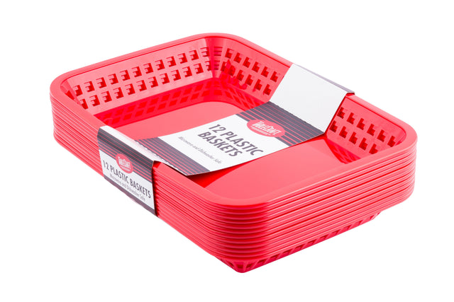 A stack of bright red, rectangular cash and carry baskets with vented sides is packaged together with a white and gray label that reads 12 Plastic Baskets. These modern baskets are nested for storage and are perfect for quick, convenient use.