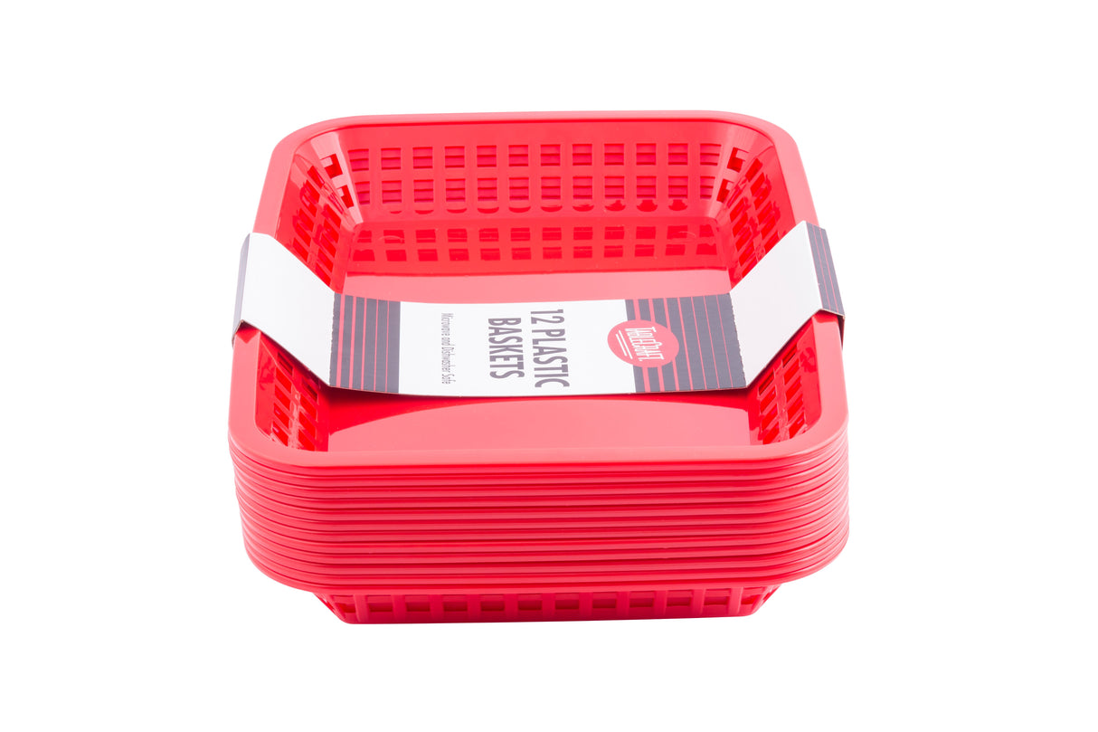 A stack of 12 bright red, rectangular plastic baskets with vented sides. A white and red label wrapped around the middle reads 12 Plastic Baskets. These dishwasher safe baskets are nested together on a plain white background.