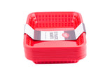 A stack of 12 bright red, rectangular plastic baskets with vented sides. A white and red label wrapped around the middle reads 12 Plastic Baskets. These dishwasher safe baskets are nested together on a plain white background.