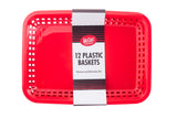 A pack of bright red rectangular dishwasher safe baskets, stacked together with a white and black label reading TableCraft, 12 Plastic Baskets. The baskets have ventilated sides, rounded corners, and are microwave and dishwasher safe.