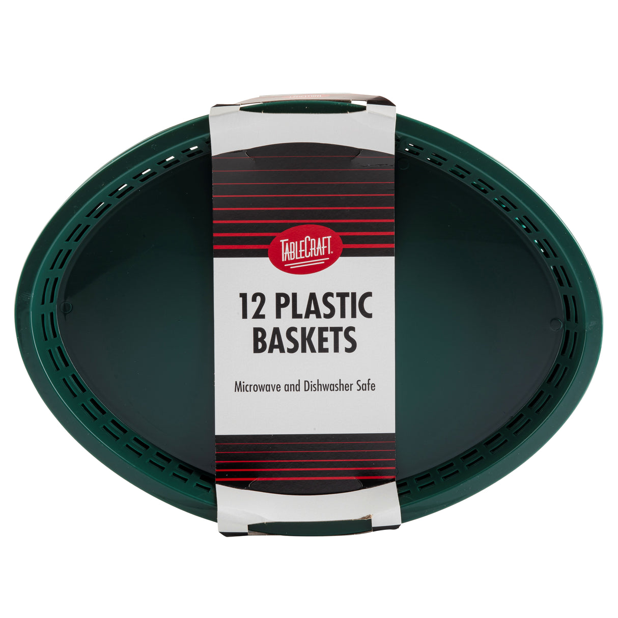 A stack of green oval microwave safe baskets is wrapped with packaging that reads, “Tablecraft, 12 Plastic Baskets, Microwave and Dishwasher Safe,” in black and red on a white and black background. The baskets have vented rims.