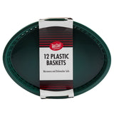 A stack of green oval microwave safe baskets is wrapped with packaging that reads, “Tablecraft, 12 Plastic Baskets, Microwave and Dishwasher Safe,” in black and red on a white and black background. The baskets have vented rims.