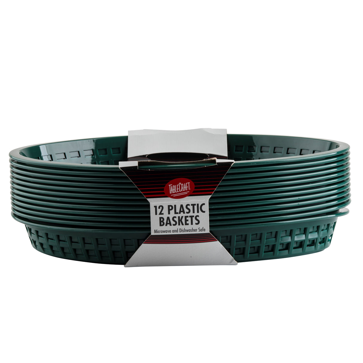 A stack of dark green oval plastic baskets is held together by white and red packaging labeled Tablecraft 12 Plastic Baskets. These heat resistant baskets feature a grid pattern and are noted as microwave and dishwasher safe.
