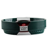 A stack of dark green oval plastic baskets is held together by white and red packaging labeled Tablecraft 12 Plastic Baskets. These heat resistant baskets feature a grid pattern and are noted as microwave and dishwasher safe.
