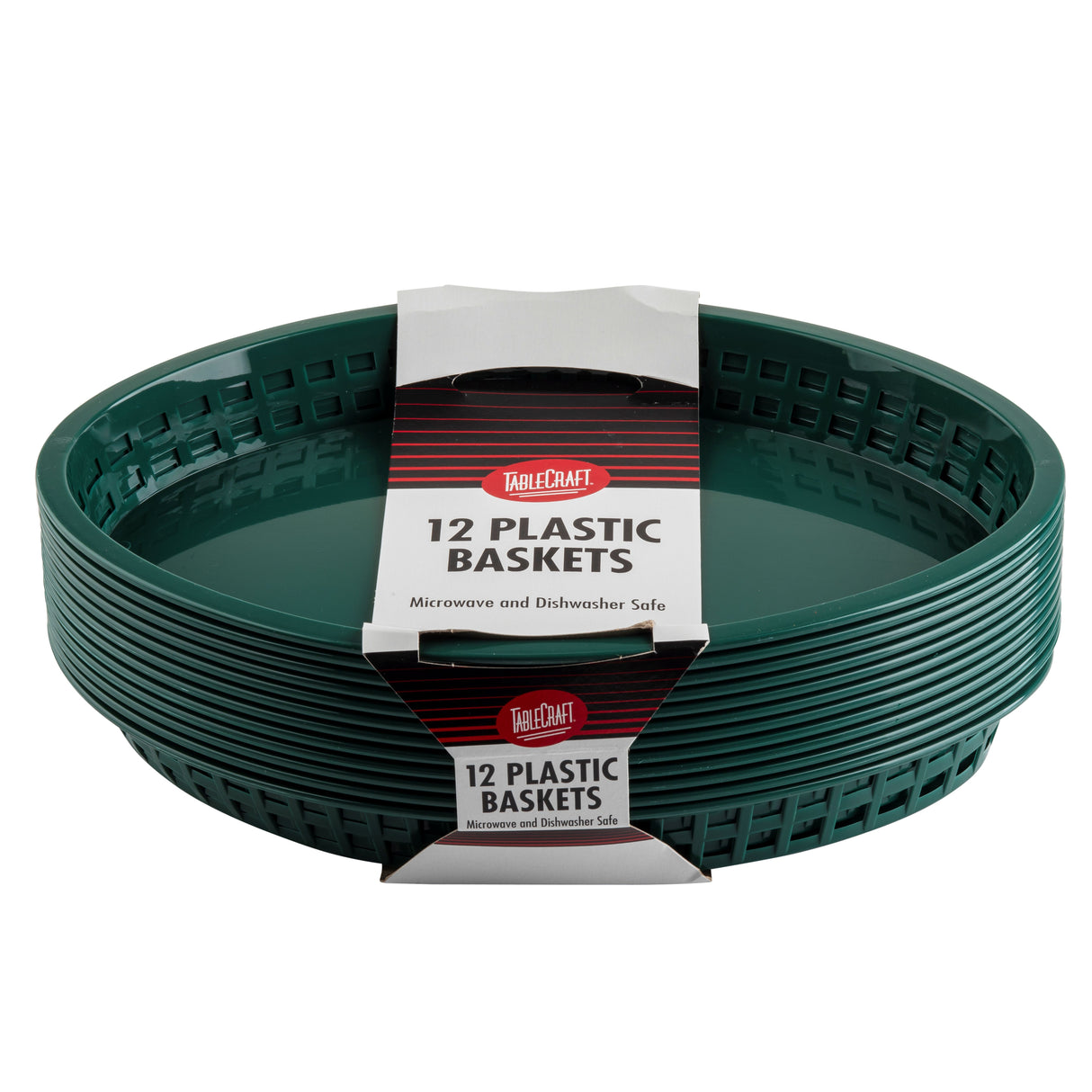 A stack of twelve dark green, oval-shaped microwave safe baskets with slotted sides. They are wrapped with a white and red label that reads “TableCraft 12 Plastic Baskets Microwave and Dishwasher Safe.”.