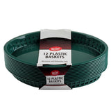 A stack of twelve dark green, oval-shaped microwave safe baskets with slotted sides. They are wrapped with a white and red label that reads “TableCraft 12 Plastic Baskets Microwave and Dishwasher Safe.”.