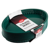 A stack of dark green oval heat resistant baskets is shown with a paper label on top that reads 12 Plastic Baskets in bold letters. The label notes the baskets are microwave and dishwasher safe. The edges feature a lattice pattern.