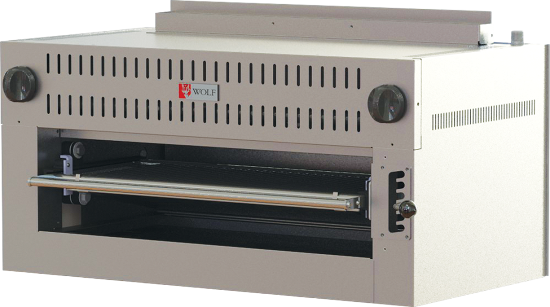 A stainless steel Wolf Salamander Broiler features front controls, an open pull-down door, two black knobs, and the Wolf logo above the vented front panel. This commercial broiler includes a horizontal handle for convenient access.