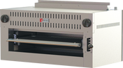 A stainless steel Wolf Salamander Broiler features front controls, an open pull-down door, two black knobs, and the Wolf logo above the vented front panel. This commercial broiler includes a horizontal handle for convenient access.