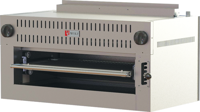 A stainless steel Wolf Salamander Broiler features front controls, an open pull-down door, two black knobs, and the Wolf logo above the vented front panel. This commercial broiler includes a horizontal handle for convenient access.
