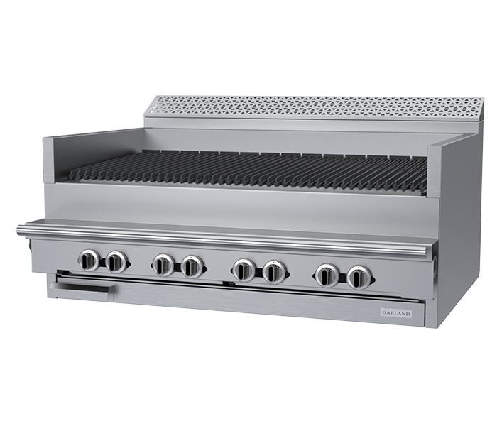 A large, stainless steel gas charbroiler with seven control knobs, a grated cooking surface, raised backsplash, and lower storage drawer. This sleek commercial broiler by Garland features an industrial design perfect for heavy-duty kitchens.