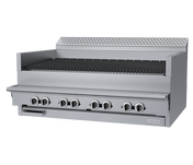 A large, stainless steel gas charbroiler with seven control knobs, a grated cooking surface, raised backsplash, and lower storage drawer. This sleek commercial broiler by Garland features an industrial design perfect for heavy-duty kitchens.