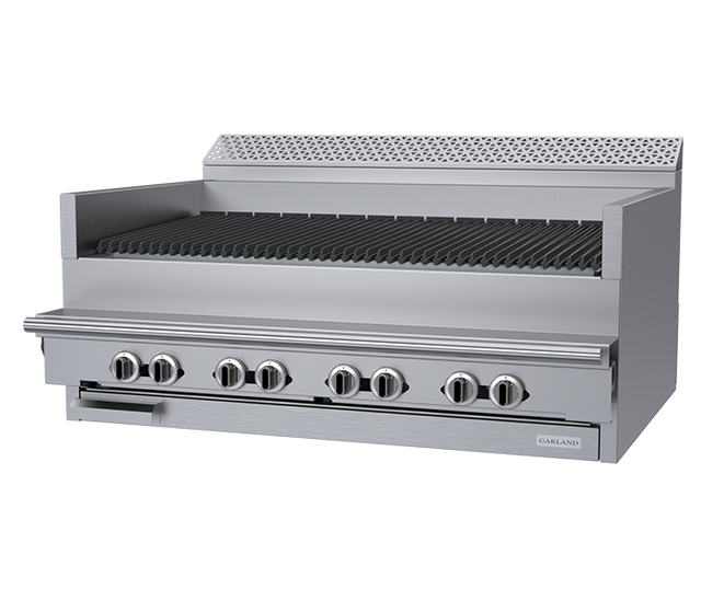A large, stainless steel gas charbroiler with seven control knobs, a grated cooking surface, raised backsplash, and lower storage drawer. This sleek commercial broiler by Garland features an industrial design perfect for heavy-duty kitchens.