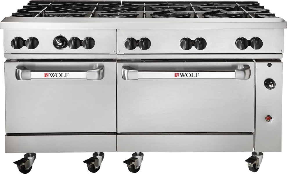 A large commercial stainless steel Wolf restaurant range with eight burner grates on top and two oven doors below, set on four caster wheels. The oven doors have horizontal handles with the Wolf logo, and control knobs are positioned above the ovens.