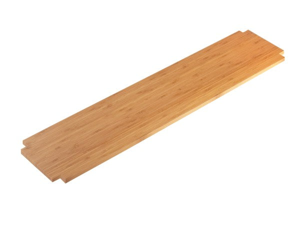 A single, light brown, rectangular wooden plank with a smooth surface and visible grain patterns. The plank features interlocking tongue and groove edges, ideal for easy installation in Cal-Mil bamboo shelf or riser shelf projects. Plain white background.