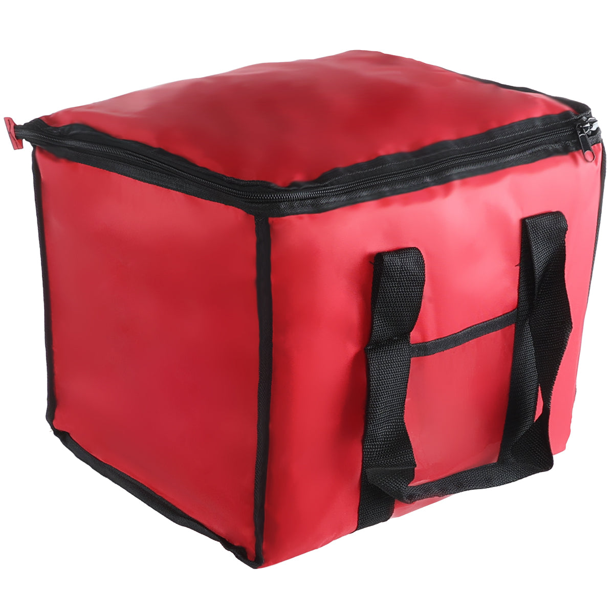 A square, red insulated nylon cooler bag with black handles and black trim. Chef Approved and designed as a food carrier, it has a zipper along the top edges for secure closure. Perfect for carrying food or drinks. Background is plain white.