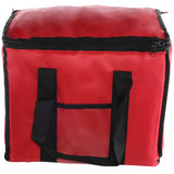 A square, red insulated nylon cooler bag with a black zipper on top and black carrying handles on the front. Chef Approved and perfect as a food carrier, the bag appears empty and stands upright against a plain white background.