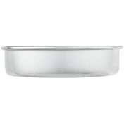A plain, round 8 x 2 Aluminum cake pan with smooth sides and a slightly outward-flared rim, shown from the side against a white background. The chef approved pan has a shiny, silver appearance and no visible handles or markings.