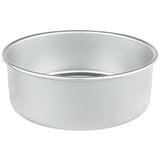 A round, 8 x 3 aluminum cake pan with straight sides and a flat base, shown against a plain white background. The pan is Chef Approved, empty, and features a smooth, shiny surface.
