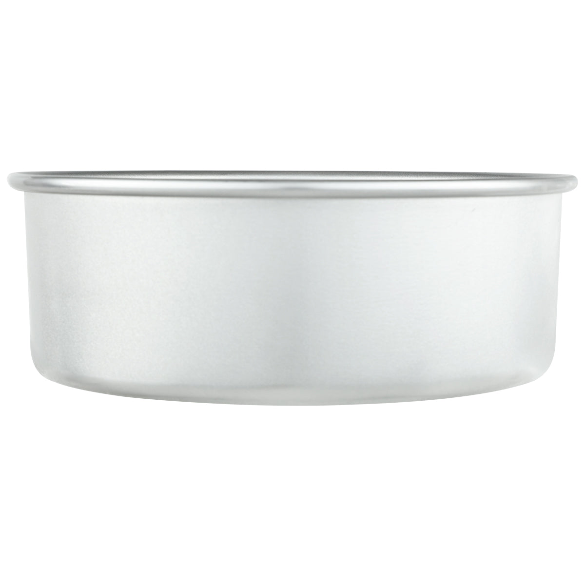 A plain, empty, round 8 x 3 aluminum cake pan with straight sides and a smooth, shiny silver surface is shown against a white background. This chef approved pan appears to be made of high-quality aluminum or stainless steel.