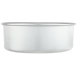 A plain, empty, round 8 x 3 aluminum cake pan with straight sides and a smooth, shiny silver surface is shown against a white background. This chef approved pan appears to be made of high-quality aluminum or stainless steel.