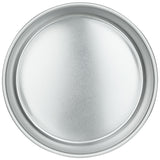A shiny, empty, round 8 x 3 aluminum cake pan with a smooth surface and slightly raised edges. The tray has a reflective, silvery finish and is photographed from above against a white background. Chef approved quality.