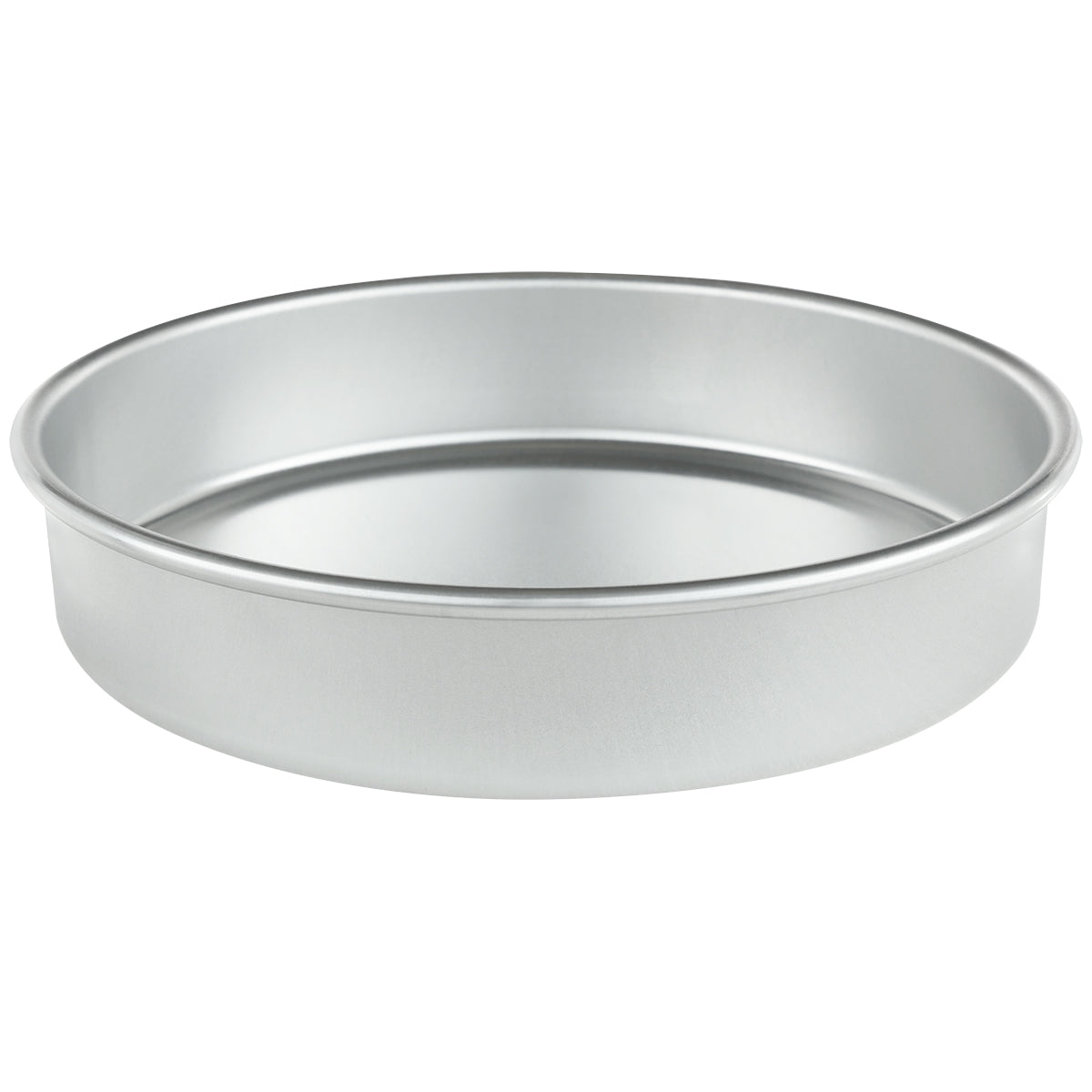A silver, round aluminum cake pan (9 x 2) with straight sides and a flat bottom is shown on a white background. The empty pan is photographed at a slight angle, showcasing its depth and smooth, reflective surface.