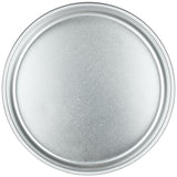 A round, plain aluminum pizza pan, photographed from above. The 9 x 2 pan features a smooth, slightly brushed surface and a shallow rim. Set against a white background, the simple design and silver color are clearly emphasized—like a classic cake pan.