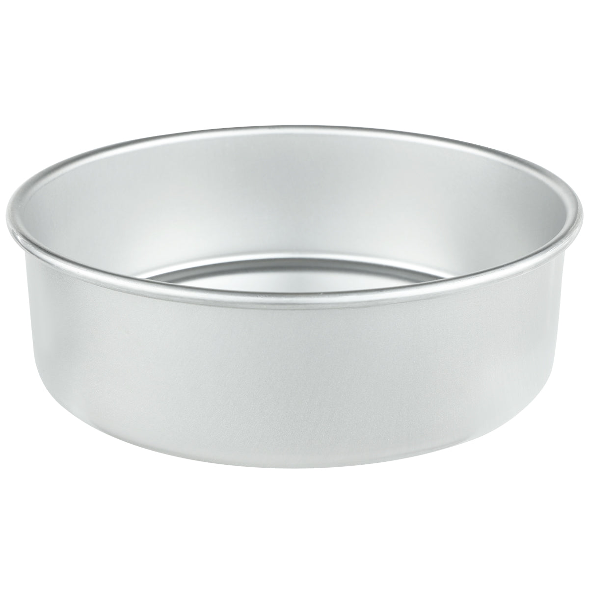 A plain, round, 9 inch aluminum cake pan with smooth sides and no handles, shown empty against a white background. The pan has a slightly raised rim and a flat bottom, perfect for baking cakes or other baked goods.