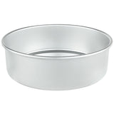 A plain, round, 9 inch aluminum cake pan with smooth sides and no handles, shown empty against a white background. The pan has a slightly raised rim and a flat bottom, perfect for baking cakes or other baked goods.