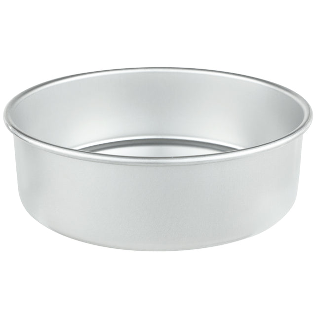 A plain, round, 9 inch aluminum cake pan with smooth sides and no handles, shown empty against a white background. The pan has a slightly raised rim and a flat bottom, perfect for baking cakes or other baked goods.