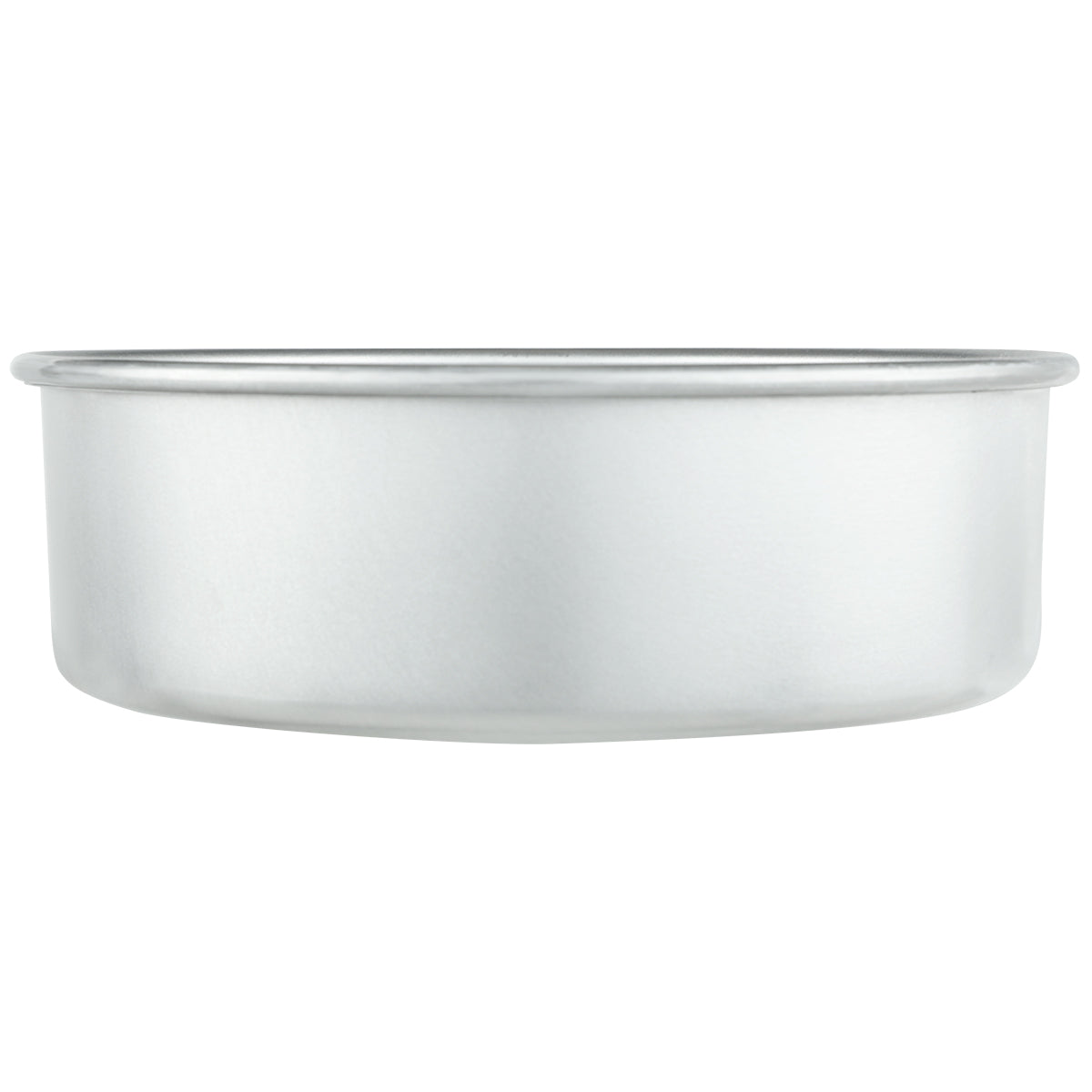 A plain, round, shallow 9 inch cake pan with a smooth surface and slightly flared rim is shown against a white background. The aluminum cake pan is empty and appears clean, with no designs or markings visible.