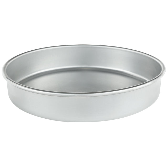 A plain, round aluminum cake pan with smooth sides and a flat base is shown against a white background. This chef approved pan has a shallow depth and slightly flared edges, perfect for baking cakes or other baked goods.