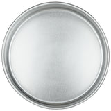 A round, chef-approved aluminum cake pan with a slightly raised rim, seen from above. The pan features a smooth, matte finish and a clean, empty surface that reflects soft light.