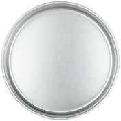 A round, flat, metallic silver aluminum cake pan with a slightly raised rim. The smooth, reflective surface catches light to create soft highlights and shadows. The white background emphasizes the cake pan’s clean, simple design.